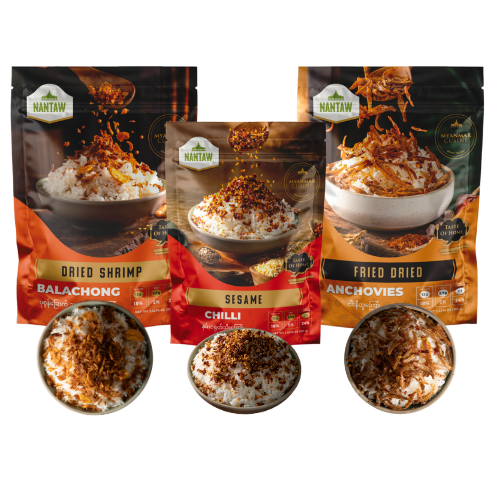 Burmese Style Topping Set Dried Shrimp, Fried Dried Anchovies, Sesame Chili (3 Pcs./Set)